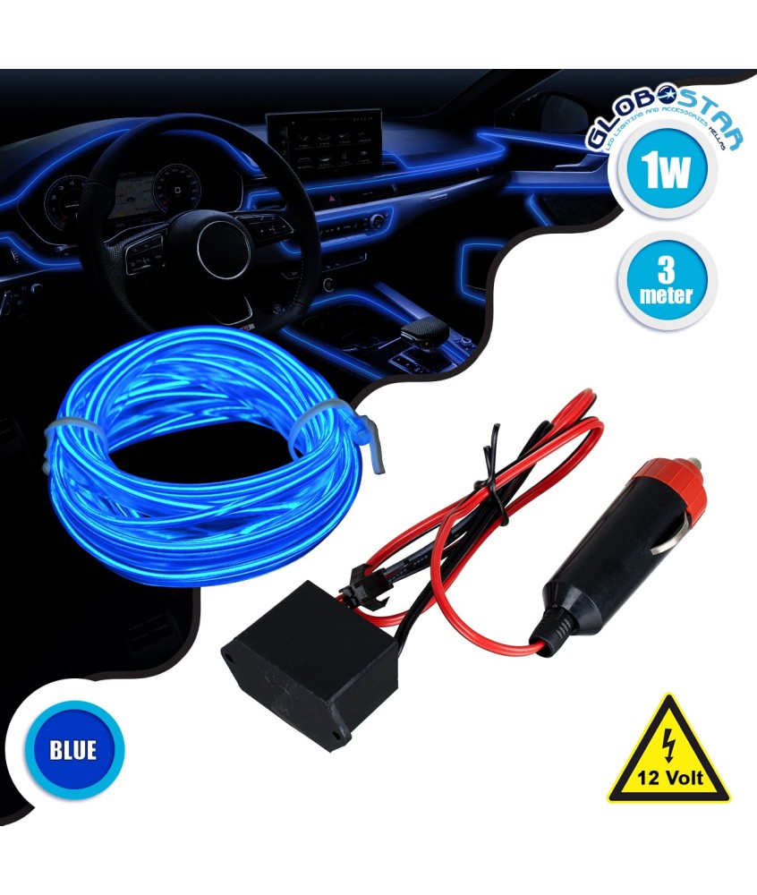 GloboStar® 82205 TUBE 360° Degree Διακοσμητική EL-Wire Neon Αυτοκινήτου Κορδόνι ΣΕΤ 3m 1W-3m 30lm-m 360° DC 12V με Βύσμα Αναπτήρα Αυτοκινήτου Αδιάβροχη IP68 Μπλε